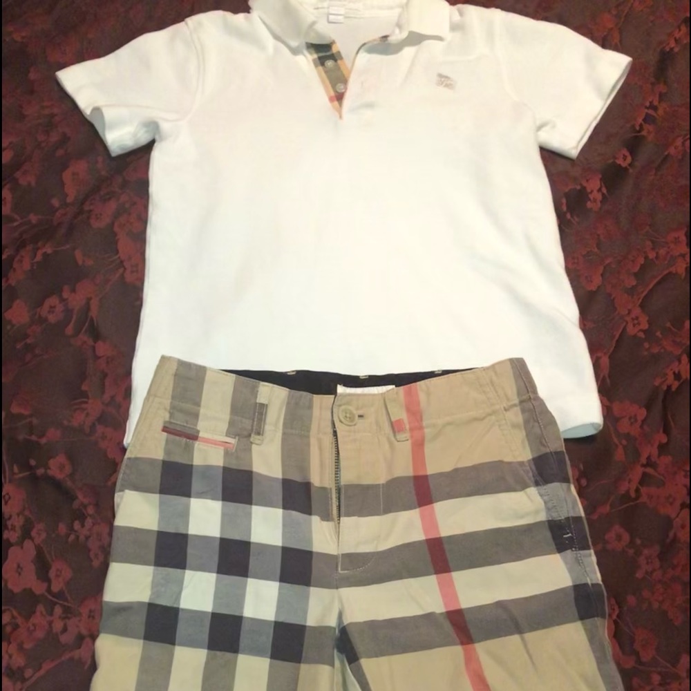 Burberry White Polo Shirt with Tan Burberry Shorts